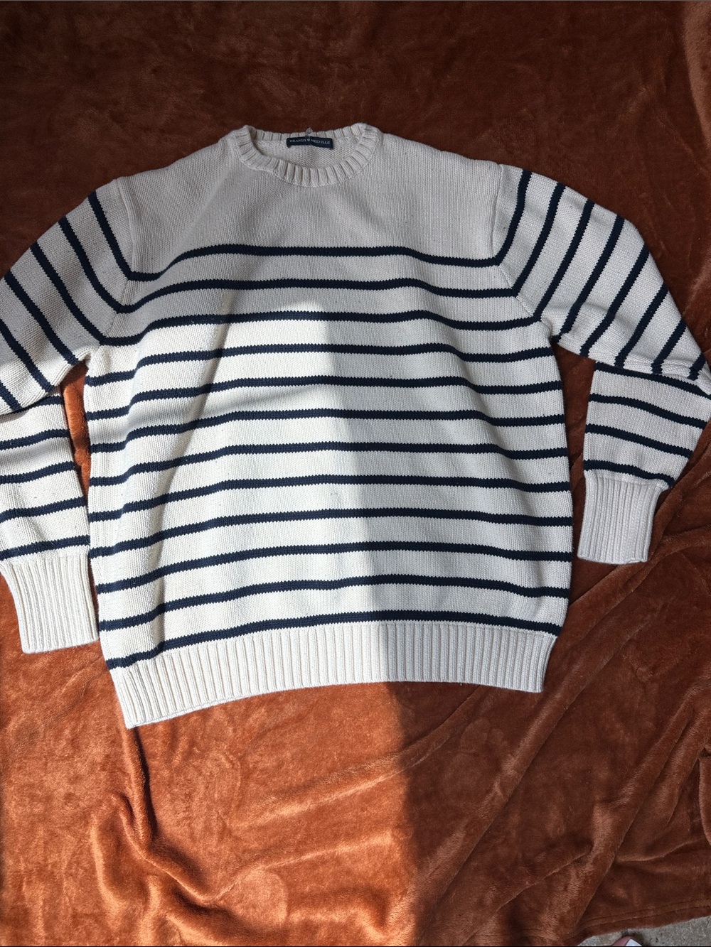 Brandy Melville White Crewneck Sweater with Navy Stripes